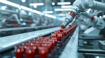 A robotic system accurately packages red capsules in a modern pharmaceutical production line setting.
