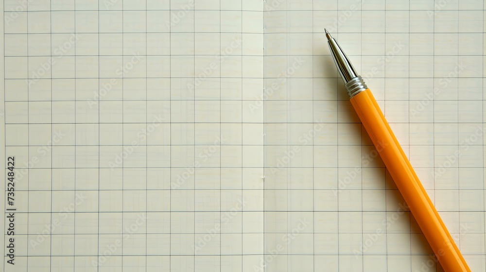 Poster clean workspace with a yellow pen on a graph paper. minimalist design, perfect for writers and stude