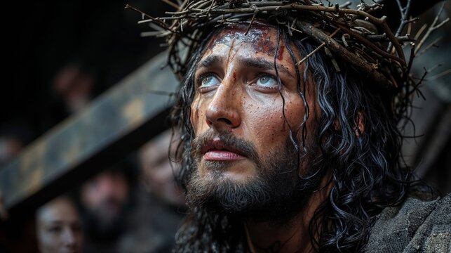 Jesus Crist with crown of thorns Christian religion symbol closeup view