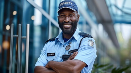 smiling security guard with a beard, standing confidently with his arms crossed