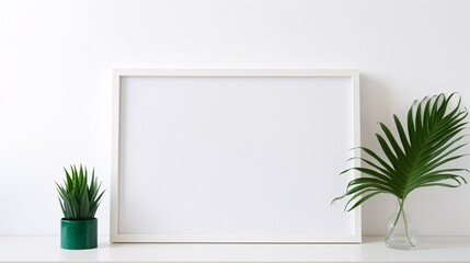 a white frame with a green plant on a white surface