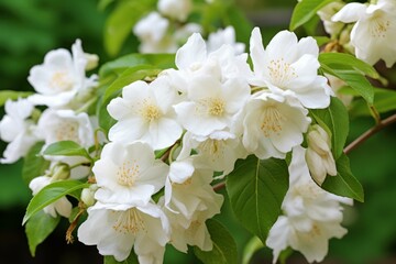 Vibrant Philadelphia jasmine flowers. White blooming botanical floral fragrant plant. Generate ai