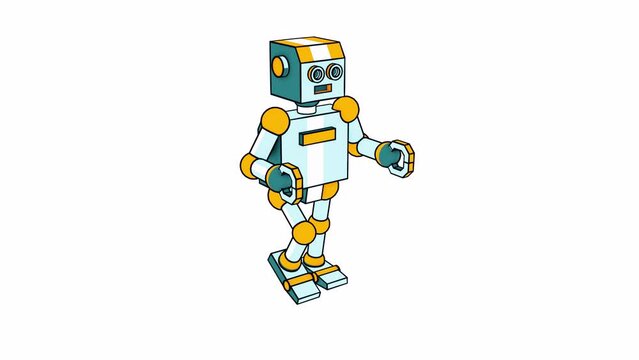 Simple toy robot - walk cycle. Robot walks against a transparent background. Cartoon 3D animation with stroke.