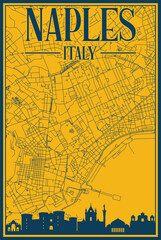Yellow and blue hand-drawn framed poster of the downtown NAPLES, ITALY with highlighted vintage city skyline and lettering