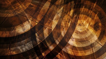 Abstract Wooden Texture with Tree Rings and Geometric Overlays. An abstract composition merging the natural patterns of tree rings with bold geometric overlays in a dark, warm palette.

