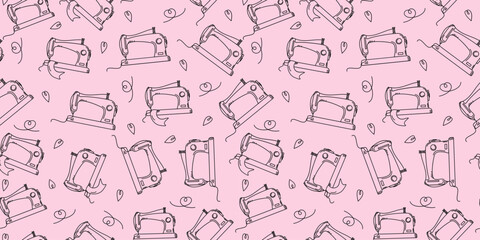 Pattern. Sewing icon. Sewing machine. Handmade, hobby. Drawing, sketch, doodle. Seamless background.