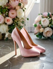 satin pink high-heeled wedding shoes stand on the floor, bride's outfit, footwear, delicate beautiful background