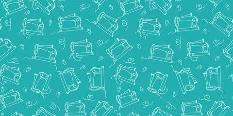 Pattern. Sewing icon. Sewing machine. Handmade, hobby. Drawing, sketch, doodle. Seamless background.