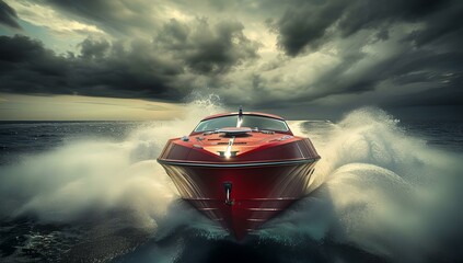 Dynamic speedboat racing through ocean spray, high speed and adrenaline rush on water. vivid, action-packed marine adventure. AI