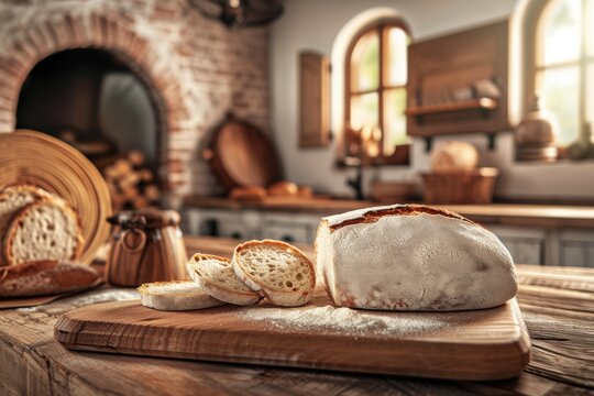 Freshly Baked Sourdough Bread on a Rustic Cutting Board in a Cozy Artisan Bakery Interior with a Brick Oven in the Background. Generative AI.