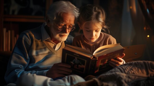 Grandparents Reading Bedtime Stories To Grandchildren, A Cozy And Intimate Family Tradition Authentic People And Personalities Concept