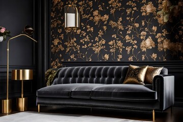 modern living room interior, Grey lounge with a patterned cushion in a real photo of a dark living room interior with floral wallpaper, molding on the wall, and a gold lamp