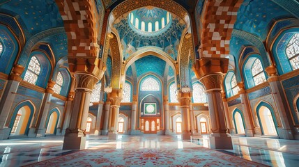 Fototapeta na wymiar Islamic background with magnificent mosque , creative photograph angles, Interior of Mosque, Concept of Ramadan Kareem, Generative Ai