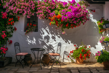 Fototapeta na wymiar Typical Andalusian patio with tables, chairs and flowers