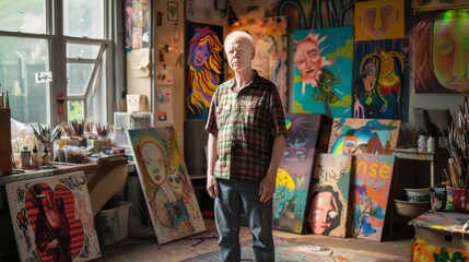 Obraz premium A stylish man browses the art-lined walls of a boutique shop, his attention drawn to the intricate details of the paintings as he stands in awe