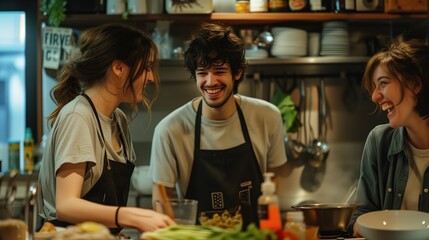 Intimate moment of spontaneous laughter among friends in a kitchen cooking session authentic people and personalities concept