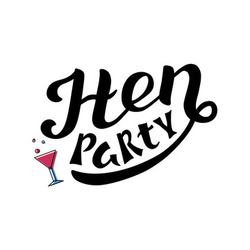 Hen Party black lettering on white background for print or announce. Hand drawn vector illustration with text icon decor for card or template. Positive nice hand drawn text for invitation or banner