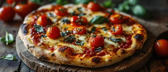 Küchenrückwand glas motiv Neapolitan Pizza with mozzarella cheese, tomatoes and basil on a wooden board. Neapolitan. Cheese Pull. Neapolitan Pizza on a Background with copyspace. © John Martin