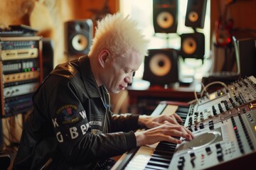 Naklejka premium A passionate composer creates a symphony of emotions with his electronic keyboard in the intimate setting of his home