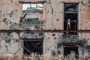 destroyed houses in an abandoned city without people in Ukraine