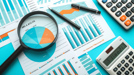Obraz premium variety of financial documents including charts, graphs, and reports, a calculator, a magnifying glass, and a pen, all laid out on a blue surface 