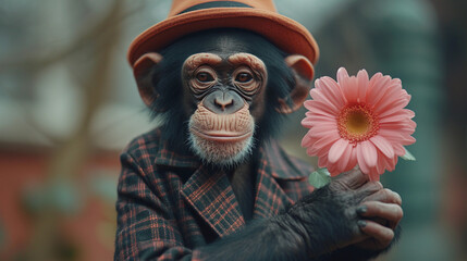 Funny monkey with flowers congratulates on the holidays.