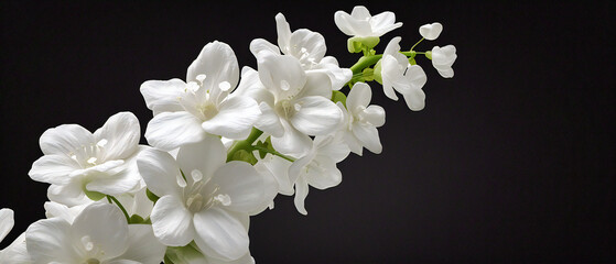 Close-up of white blossoming flowers against a black background, highlighting the delicate beauty and purity of spring