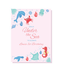 Birthday invitation set under sea theme background template, children's birthday party, invitation card with cartoon sea characters: octopus, dolphin, jellyfish, etc. Vector illustration.
