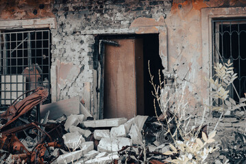 destroyed houses in an abandoned city without people in Ukraine