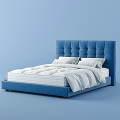 Contemporary Comfort: Sleek Blue and White Bed Set with Fresh Mattress