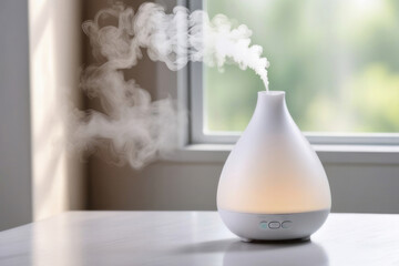 Aroma oil white glass diffuser with rising steam flow on table by window.