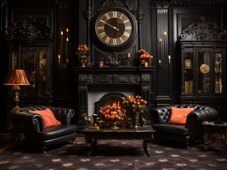 Interior of gothic living room with big clock