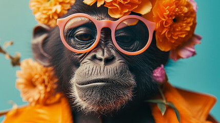 Funny monkey with flowers congratulates on the holidays. - obrazy, fototapety, plakaty