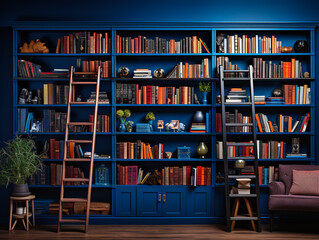 Interior of home library with blue wall