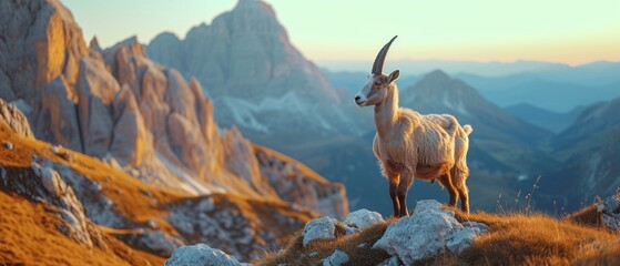 a goat standing on rocks with mountains in the background - obrazy, fototapety, plakaty