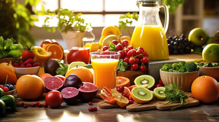 Juice and fruit on countertop for health illustration