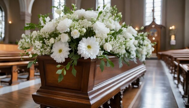 a Funeral ceremony, Coffin in the church with white flowers