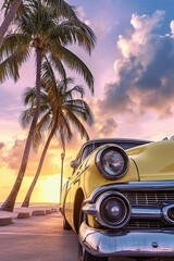 Sunset Serenity: Low Angle Shot of Pastel Yellow Vintage Car with Palm Trees in Pastel Sunset