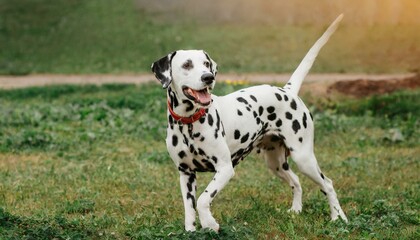 A dalmatian dog playing on the green grass, cute black and white