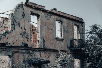destroyed houses in an abandoned city without people in Ukraine
