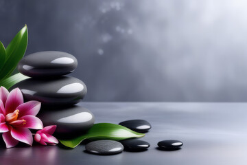 Obraz na płótnie Canvas Spa gray background with massage stones, exotic flowers and copy space.