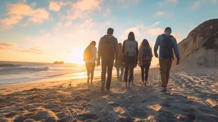 A group of hikers stand on the sandy shore, surrounded by the beauty of nature as the sun sets over the ocean, creating a picturesque outdoor scene - Powered by Adobe