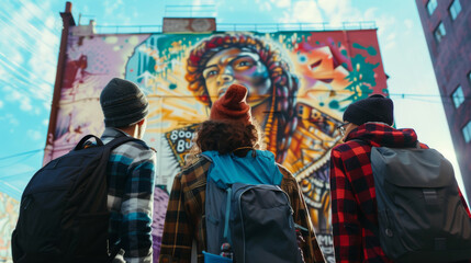 Naklejka premium A diverse group of individuals, bundled up in jackets against the chill of the street, gaze in awe at the vibrant colors and intricate details of a larger-than-life mural, painted against the backdro