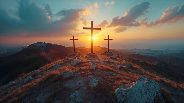 Three crosses up on a hill at sunset, Crucifixion of Jesus Christ concept