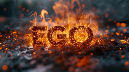 EGO written burnt with flames on dark background