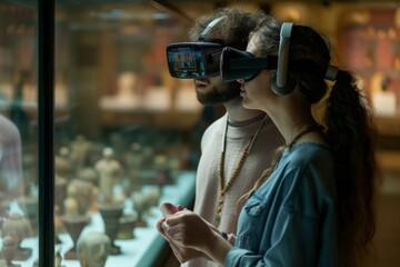 A woman and man, peering through a window adorned with glasses, capture the human faces of passersby on the bustling street below with their camera, framed by the reflection of the indoor building be