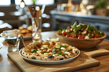 Rustic ambiance meets culinary delight as a savory pizza is complemented by an array of side dishes, presented on a wooden counter with a naturalistic flair