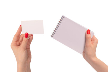 Obraz premium Empty card in woman hand with red nails isolated on a white background.