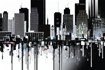 Black and white City landscape. City skyline view. Black and white view of a city. Black and white city landscape with buildings.  - obrazy, fototapety, plakaty