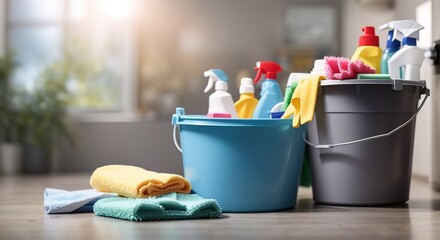 Bucket and various cleaning supplies on a blurred background - obrazy, fototapety, plakaty